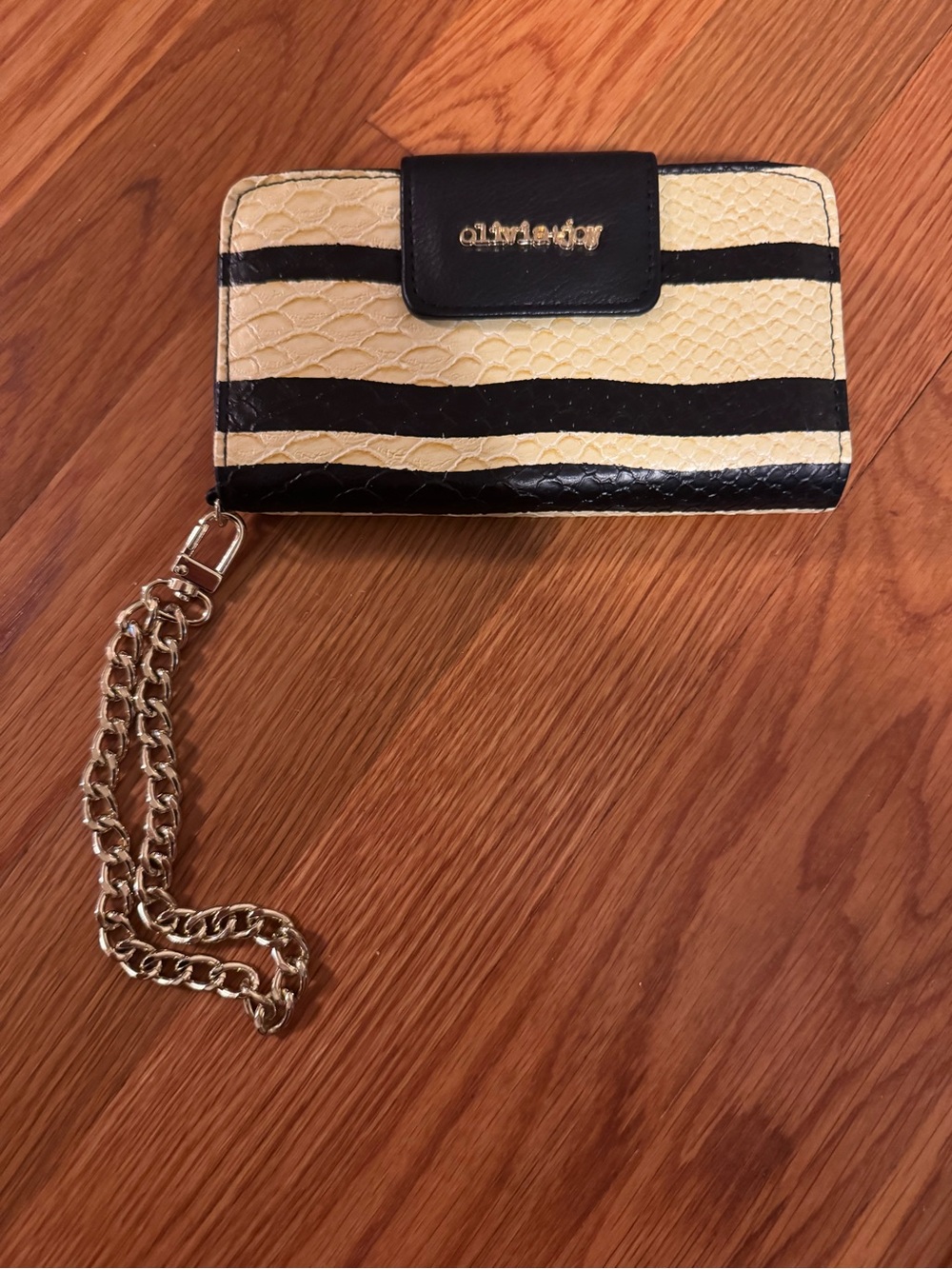 Olivia + Joy Black and Cream Striped Chain Wristlet